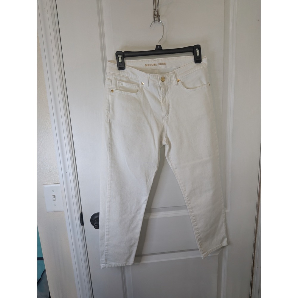 Michael Kors Womens White Straight Leg Denim Jeans Gold Tone‎ Hardware MK Logo